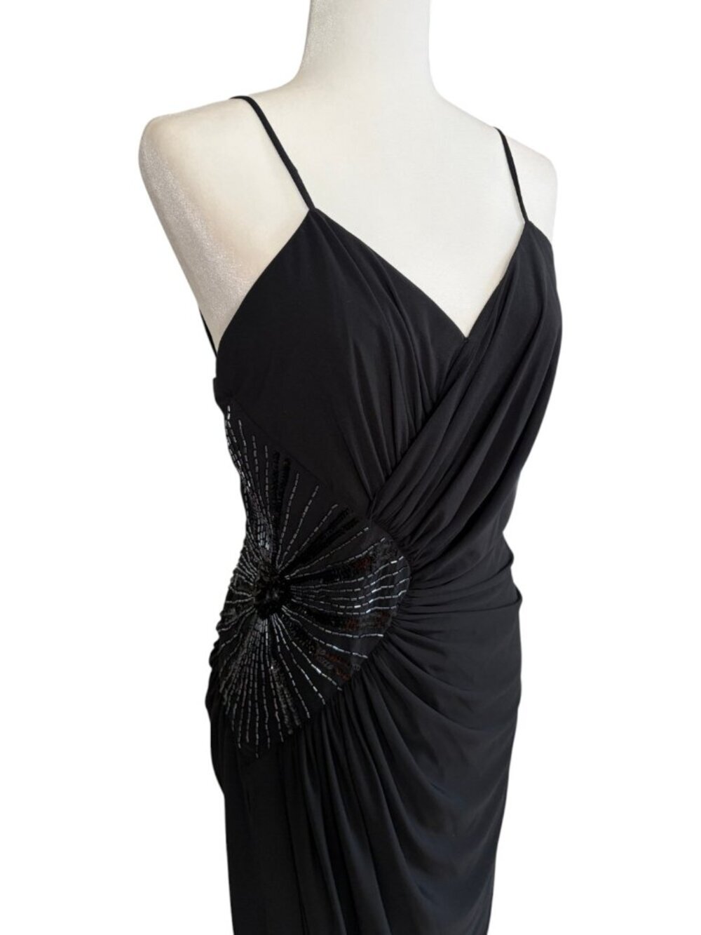 Vintage Rimini Black Ruched Beaded Cocktail Dress 1990s Draped Midi Dress Medium - Picture 2 of 6